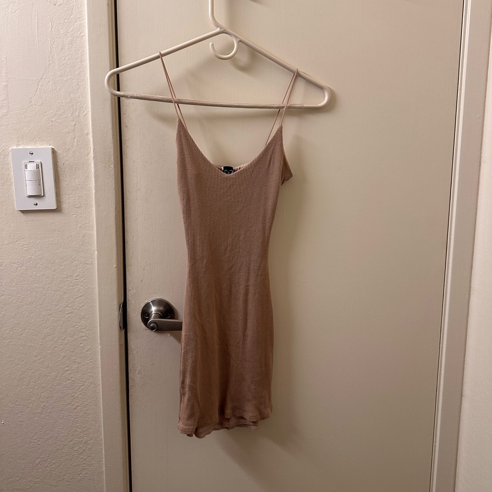 Windsor Ribbed Beige Spaghetti Strap Mini Dress